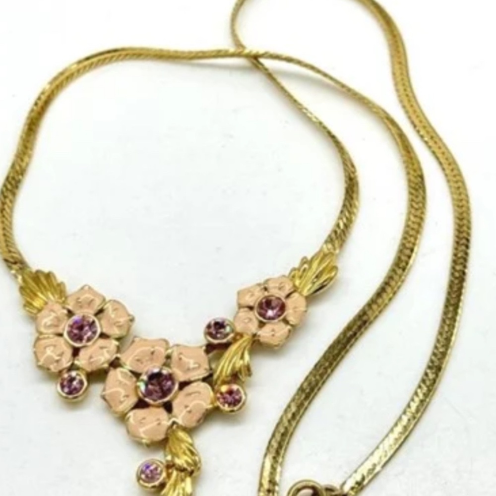 Vintage Trifari Necklace Floral Pink Rhinestones Signed